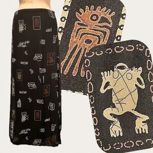 VINTAGE 90s earthy tribal art long maxi skirt‎ animal frog bird unique funky